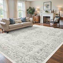 9x12 Extra Large Washable Area Rug, Soft Neutral Vintage Boho Rug for Living Room, Bedroom, Office, Farmhouse, Low Pile Imitation Wool Non Slip Carpet Ideal for High-Traffic Areas, Light Grey