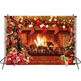 Christmas Photo Backdrop Xmas Fireplace Decoration 7x5FT Vintage Xmas Tree Sock Gifts Photography Background for Family Kids Portrait Photo Booth Props