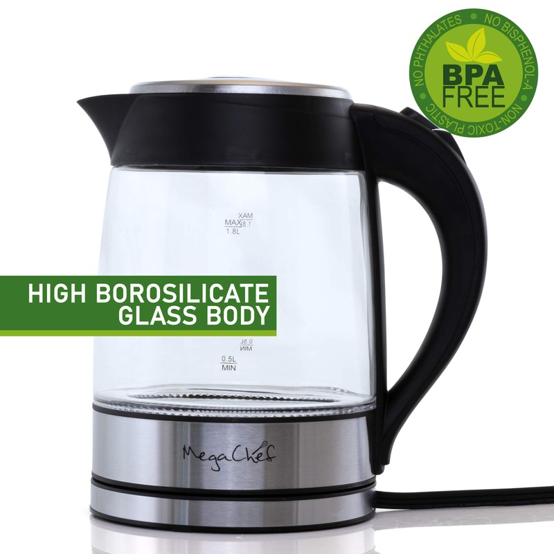 Megachef Glass and Stainless Steel Electric Tea Kettle, 1.8 L