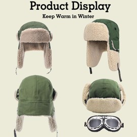 KAZZHA Aviator Hat with Detachable Goggles Vintage Pilot Hat Costume Accessory for Adult Winter Trapper Hat Fur Ear Flaps Green
