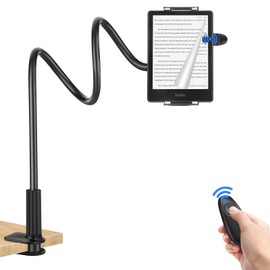 Gooseneck Tablet Holder for Kindle with Remote Page Turner, Lazy Arm Stand for Kindle Paperwhite Colorsoft, Reading in Bed with Remote for Kindle Accessories, Gift for Men Women Readers Bedside