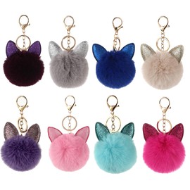 Floatdream Pack of 8 Pompoms Keyrings, Fluffy Key Chain, Plush Bag Pendant, Suitable for Car Keys, Mobile Phones, Purses, Handbags, Backpack Pendant (8 Colours), 8 colours