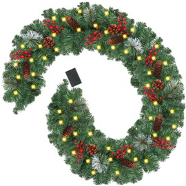 CCINEE 9FT Prelit Artificial Christmas Garland, Xmas Garland Battery Operated with 50 LED Lights Lighted Christmas Garland with Pine Cones and Red Berry for Indoor Outdoor Holiday Decoration