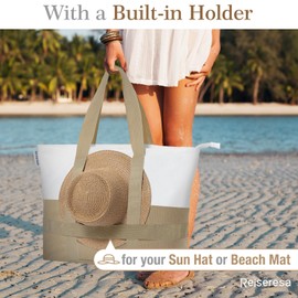 Reiseresa Beach Bag with Hat Holder Strap, Large Beach Bag with Zipper, Beach Tote Bag for Women, Canvas Khaki