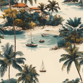 Tropical Coastal Peel and Stick Wallpaper, Palm Tree and Island Wallpaper