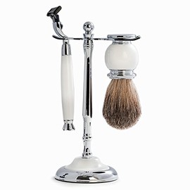 KensingtonRow Home Collection Shaving and Grooming Sets - Oxford Street Shaving Set : Razor - Brush and Stand - Chrome Plated White Enamel Finish