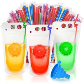 UTILE Clear 50 PCS Drink Pouches 12 oz for Adults and Kids with Individually Wrapped Straws, Reclosable Zipper Smoothie Juice pouches – Hand Held Translucent Bag Funnel Included