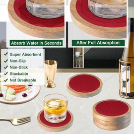 EDEGG Wood Coasters for Drinks, Absorbent Coaster Sets of 5, Drinks Coasters for Coffee Tabletop Protection, Non-Slip, Non-Stick, Suitable for Kinds of Cups Wooden Table Drink, 4.3 Inches Red
