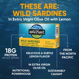 Wild Planet Sardines in Lemon, Nutritional Powerhouses Packed with Flavor, 4.4oz Cans, 6Count
