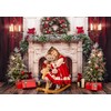 Red Curtain Christmas Fireplace Backdrop with Candlelit Wreath Holiday Photo