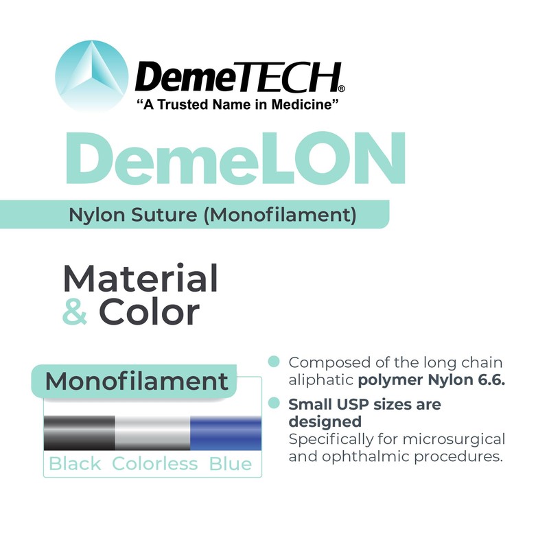 DEMETECH DemeLON Non-Absorbable Nylon Monofilament Suture, DFS-3, 16mm, 3/8 Circle,
