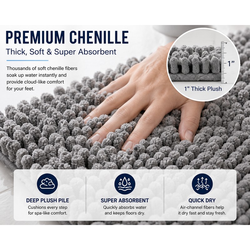3 Piece Super Absorbent Quick Dry Chenille Bath Mats Set