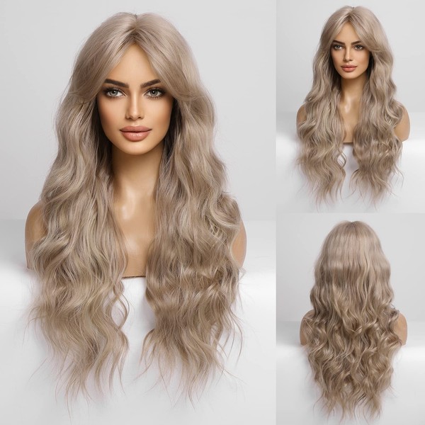 BLONDE UNICORN Blonde Wig with Fringe Wigs for Women, Long Wavy Wigs with Bangs, Synthetic Fibre Wigs for White Women (Grey Gold)
