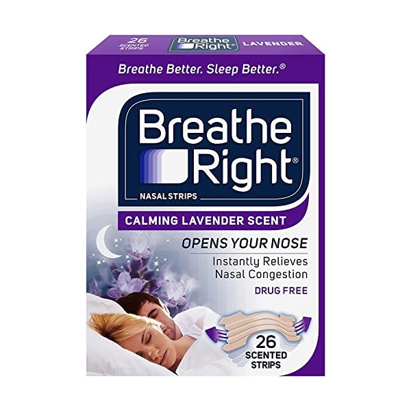 Breathe Right Calming Lavender Scented Drug-Free Nasal Strips for Nasal Congestion Relief, 4 Packages (26 count)