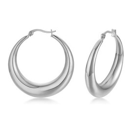 18 Carat Gold Chunky Hoop Earrings for Women Stainless Steel Large Earrings Round Huggie Hoop Earrings Statement Earrings Hollow Tubes Hoop Earrings Thick Earrings, White Gold