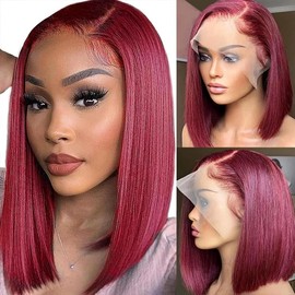 99j Burgundy Bob Wig Human Hair 13x4 Lace Front Wigs Human Hair 180 Density Transparent Straight Red Bob Wig Human Hair for Woman Bob Wigs Human Hair Pre Plucked - Size: 12 inch