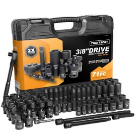 TIGHTSPOT 3/8" Drive 71pc Impact Socket Master Set Inch Metric 1/4"-3/4" 6-19mm CR-V CR-MO Universal Joint Deep Standard Sockets 90-Tooth Ratchet Extensions Heavy Duty Mechanic Tool Kit