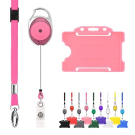 Retractable Lanyard and Badge Holder Trio Triple Pack by LanyardsTomorrow - Set Includes A Single Plain Lanyard, Extendable Carabiner Yoyo Reel Clip and Rigid ID Card Holder (Pink)