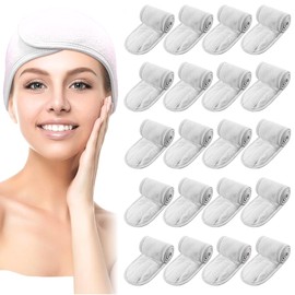 20 Piezas - Diademas de Spa Banda Facial de Maquillaje para Lavarse Cara Ducha Baño Deporte Envoltura Niñas Toalla Ajustable de Poliéster con Gancho y Bucle Antideslizante (Blanco)