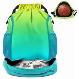 BROTOU Unisex Drawstring Backpack, Waterproof Gym Bag, Large Oxford PE Bag, Students School Bag, Durable Sports Ball Bag, with Shoe Bag (Yellow-Green)