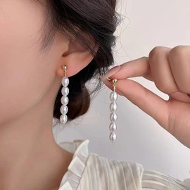 W WEILIRIAN Bohemian Pearl Drop Earrings Long Pearl Pendant Earrings Gold Beads Earrings Oval Pearl Earrings Wedding Pearl Earrings Jewellery for Women, Alloy Steel, Artificial Gemstones