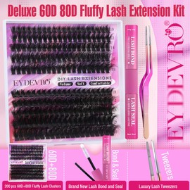 EYDEVRO Cluster Lashes D Curl Fluffy Individual Eyelashes Lash Extension Kit Volume Thick 200 Pcs Cluster Lashes Kit Eyelash Extension Kit with Lash Glue Bond and Seal Lash Tweezers(60D 80D, 10-18mm)