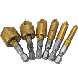 Mesee 6 Pieces Countersink Drill Bit Set 1/4 Inch Hex Shank 5 Flute 82 Degree Chamfering Drill Bits Titanium Coated HSS Center Countersink Bits for Wood Drilling 6/8/9/12/16/19mm