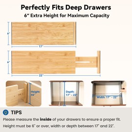 Leafory 4 Pack Deep Drawer Dividers, 6" High Bamboo Expandable Drawer Organizers, 17-22" Adjustable Tension Separators, Large Drawer Dividers for Kitchen, Bedroom Dresser, Baby Nursery & Bathroom