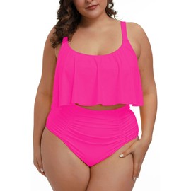 Pink Queen Women's Two Piece Plus Size Swimsuit Ruffle High Waisted Ruched Tummy Control Bathing Suit Hot Pink 2XL