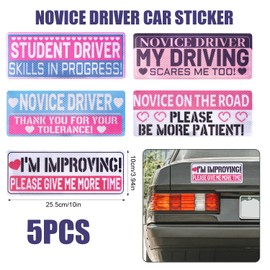 5pcs Student Driver Magnets, 10x3.94in Reflective Magnetic Novice Driver Stickers Pink Funny New Driver Signs Safety Warning Bumper Stickers Vehicle Accessories
