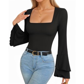 MANGOPOP Bell Sleeve Square Neck Bodysuits for Women Long Sleeve Bodysuit Going Out Tops