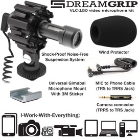 Shotgun Directional Video Microphone DREAMGRIP VLC-150 fine-Tuned for 1.5-5ft. Distance Voice Capture with Smartphones, DSLR, incl. Extra Universal Gimbal Mount, and Others