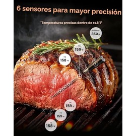 Termómetro digital inalámbrico inteligente Bluetooth para carne, 6 sensores ± 0.5 °F, lectura instantánea 0.5S, base independiente de pantalla grande,