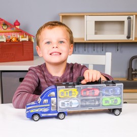 Kidplokio 7pc Semi Truck Toy Vehicle Transporter with 6 Diecast Toy Cars Playset, Boys, Assorted Colors, Ages 3+