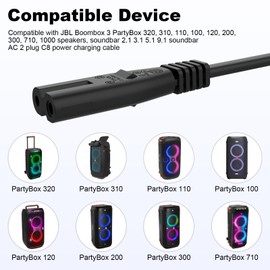 Power Cord for ONN 100008736, Compatible with JBL Boombox 3 PartyBox 320, 310, 110, 100, 120, 200, 300, 710, 1000 Speaker, Bar 2.1 3.1 5.1 9.1 Soundbar AC 2 Prong C8 Power Charger Cord (10FT)