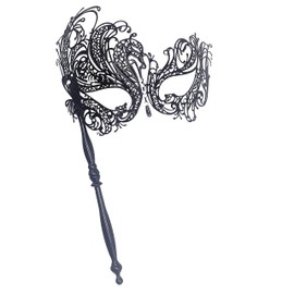 Geek-M Masquerade Mask with Stick Women Men Mardi Gras Mask Rhinestone Metal Mask Costume Masks for Party Prom Ball (Black 024)