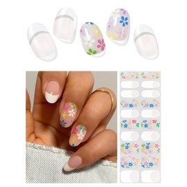 AutyaMee Semi Cured Gel Nail Strips (Flower French)-20 PCS Gel Nail Stickers | Gel Nail Wraps | UV Light Required, Salon Quality & Easy to Use