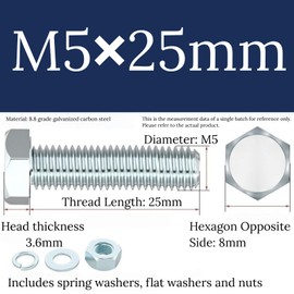 BRECAVE 10PCS Metric Hex Head Bolts and Nuts Assortment Kit Grade 8.8 304 Stainless Steel M5 × 25mm Heavy Duty Nuts and Bolts Kit with Flat & Spring Lock Washer