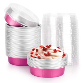 Beasea - Mini latas de pastel con tapas, paquete de 50 minitas bandejas desechables para tartas, 8 onzas, color rojo rosa, moldes redondos para hornear pasteles para tartas, quiche