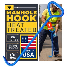 T&T Tools 24-Inch Manhole Cover Hook Tool, 5/8" Hex Alloy Steel Single Hook, Heavy Duty Lifting Manhole Covers, Septic Tank Risers, Grates, Storm Drains, Pallet Pulling, Bright Blue Finish, 1 Pack
