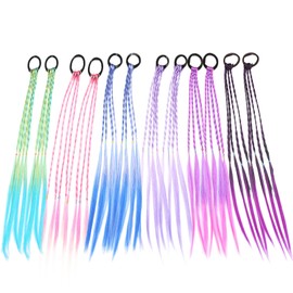 Lopsity 12PCS Girls Hair Extensions Accessories Colorful Wigs Hair Bands Headwear Twist Braid Rainbow Braided Hairpieces for Girls Women,Headbands Rubber Bands (A)