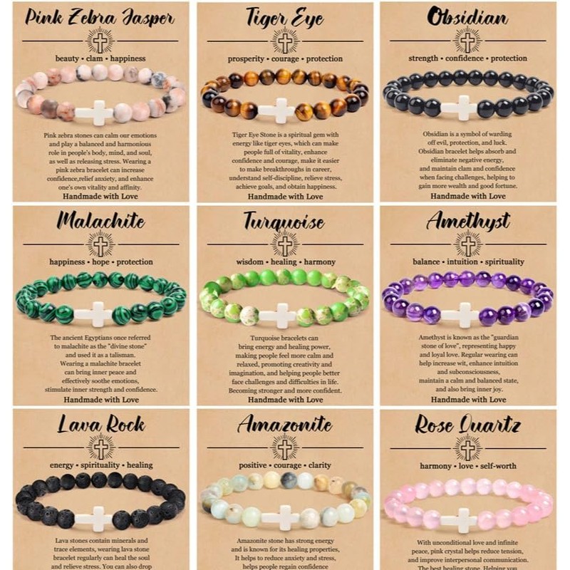 Caiyao 8mm Natural Stone Cross Bracelets Relief Anxiety Beaded Wristbands
