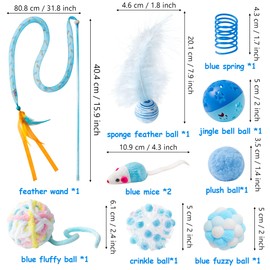 MALLMALL6 10Pcs Cat Toy Set Including Cat Springs Feather Teaser Wand Mice Crinkle Balls and Pet Bell Balls, Puzzle Interactive Pet Gift Pack Toys for Indoor Kitten (Blue)