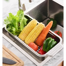 Over The Sink Colander Strainer Basket, 304 Stainless Steel Extendable Rectangular Colander for Draining Pasta Fruits Vegetables