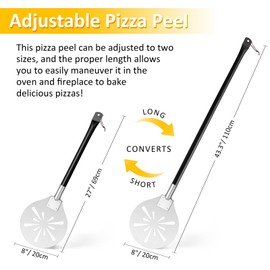 Perforated Pizza Turning Peel with Adjustable Long Handle, Leonyo 8 Inch Round Pizza Peel & Classic Cutter Wheel, Lightweight Stainless Steel Spatula Paddle for Chefs, Bakers, Homemade Oven