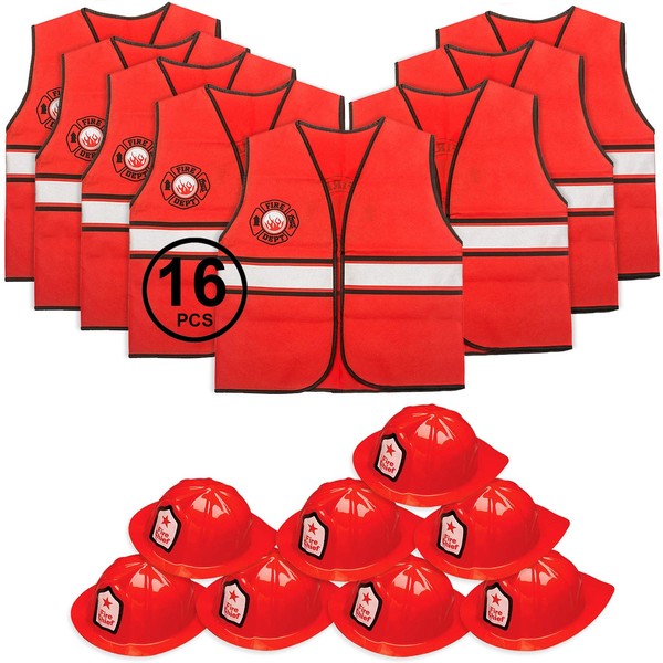 Tigerdoe Fireman Party Hats - Firefighter Hats and Vests - Fireman Themed Party - Fireman Birthday Party Supplies (8 Fireman Hats & 8 Fireman Vests) Red