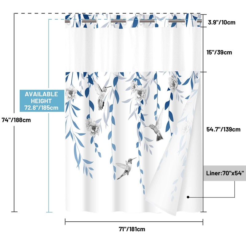 WITHLOC No Hook Shower Curtain with Snap in Liner -
