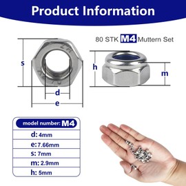 TA-VIGOR 80Pcs M4 Nylon Hex Lock Nuts, 304 Stainless Steel Nylon Insert Self-locking Nuts, Hexagon Threaded Nyloc Nut for Lock Washers Bolts Screws