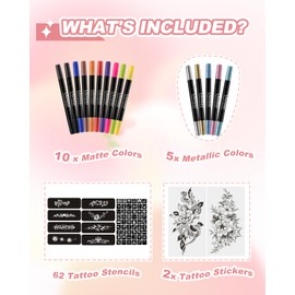 Oiomniv Temporary Tattoo Markers, 15PCS Body Markers Dual-End for Teens Adults, 62 Tattoo Stencils Temporary Tattoos Stickers, Glitter Metallic Matte Tattoo Pens, Flexible Brush Tip, Skin Safe