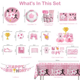 Pink Soccer Birthday Party Decorations Girls, Pink Soccer Decorations for Party Banner Sports Theme Birthday Plates and Napkins with 2 Pcs Waterproof Tablecloth Party Supplies Soccer